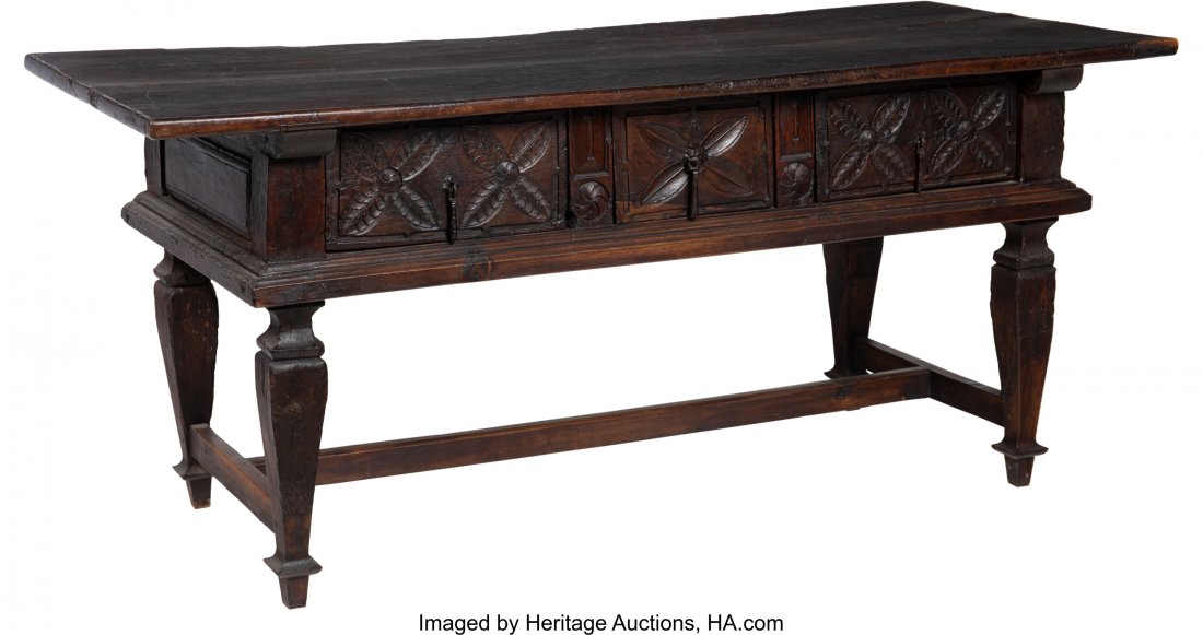 A Spanish Baroque Period Carved Walnut Console, : A Spanish Baroque Period Carved Walnut Console, 17th century 32-1/2 x 74-1/4 x 32 inches (8