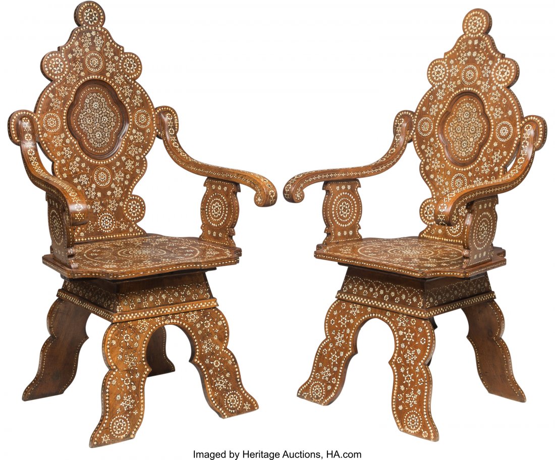A Pair of Moorish Bone-Inlaid Armchairs, 19th ce: A Pair of Moorish Bone-Inlaid Armchairs, 19th century 46 x 24-1/2 x 21 inches (116.8 x 62.2