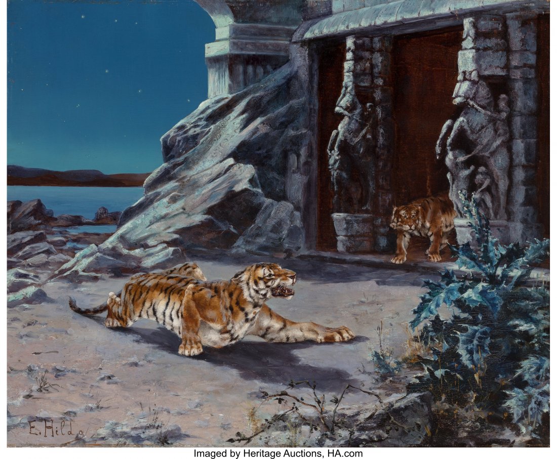 E. Baily Hilda (Austrian, 1855-1955) Tigers at a: E. Baily Hilda (Austrian, 1855-1955) Tigers at a Temple Entrance Oil on panel