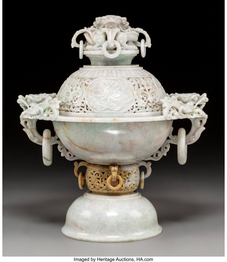 A Chinese Carved Jade Censer 16-1/4 x 14 x 10-1/: A Chinese Carved Jade Censer 16-1/4 x 14 x 10-1/8 inches (41.3 x 35.6 x 25.7 cm)