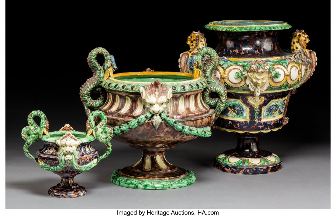 A Group of Three French Majolica Jardinières, l: A Group of Three French Majolica Jardinières, late 19th century 13-1/2 x 13 x 13 inches (34.3 x 33.0 x 33.0 cm) (tallest) PROPERTY FROM THE COLLECTION OF JOSEPH MINTON, DALLAS & FORT WORTH, TEXAS