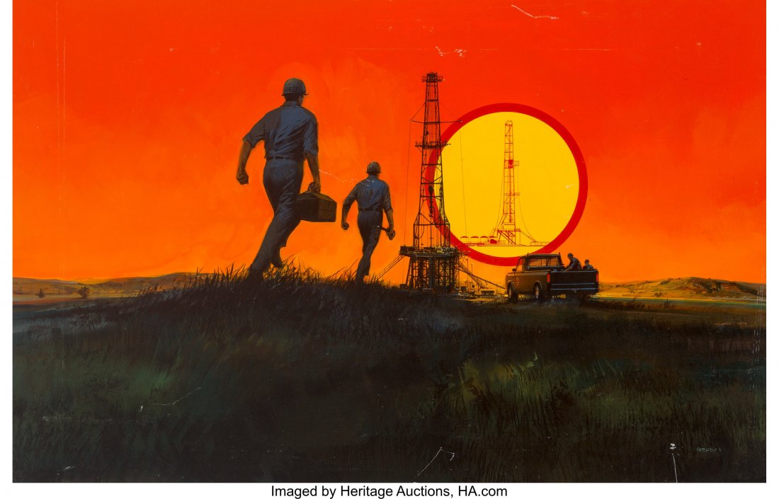 John Conrad Berkey (American, 1932-2008) Oil Rig: John Conrad Berkey (American, 1932-2008) Oil Rig at Sunset, U.S. Steel Advertisement
