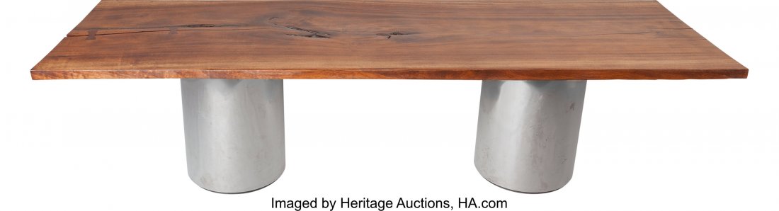 An Arthur Espenet Carpenter III Siamese Teak Sin: An Arthur Espenet Carpenter III Siamese Teak Single Board Dining Table with Walnut Butterflies and Chr