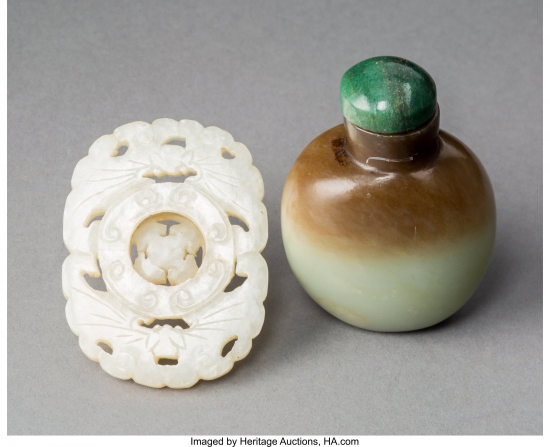 A Chinese Brown and Celadon Jade Snuff Bottle wi: A Chinese Brown and Celadon Jade Snuff Bottle with Carved White Jade Bat