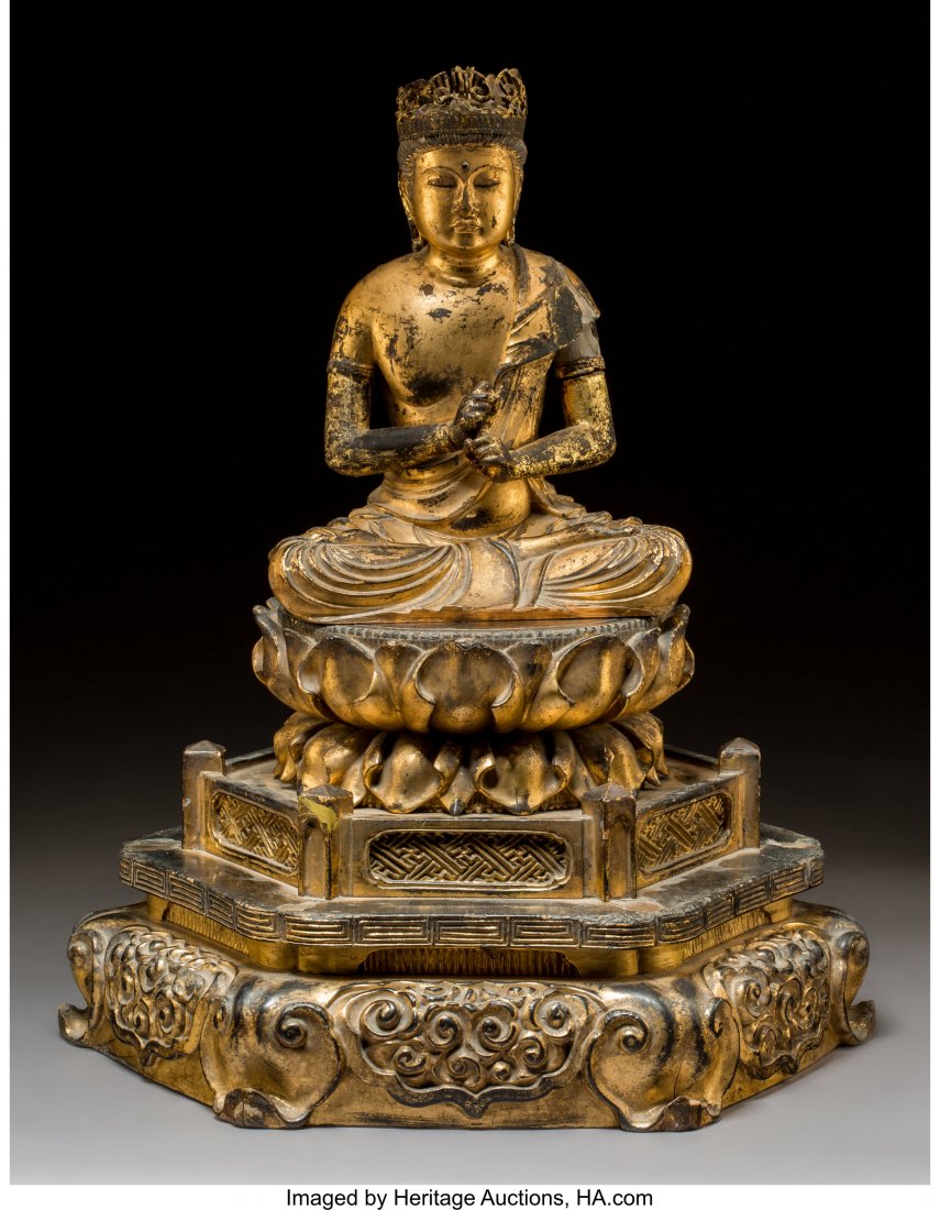A Japanese Giltwood Seated Buddha Figure on Lotu: A Japanese Giltwood Seated Buddha Figure on Lotus Shrine Base, Edo period 17-1/4 x 14 inche