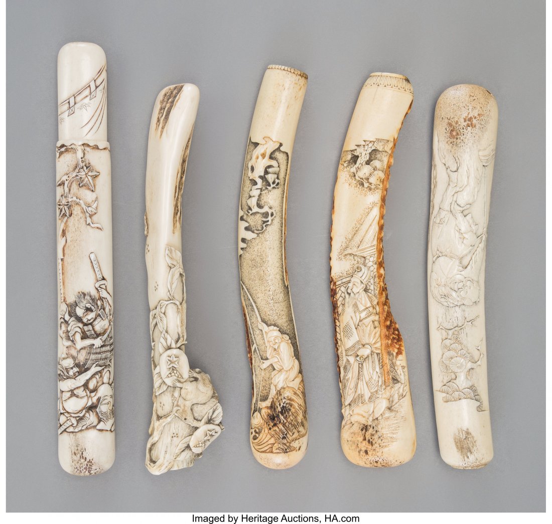 A Group of Five Japanese Carved Staghorn Pipe Ca: A Group of Five Japanese Carved Staghorn Pipe Cases, 19th century 8-1/2 inches (21.6 cm) (l