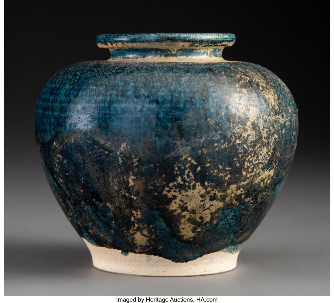 Chinese Turquoise Glazed Earthenware Jar, Song D: Chinese Turquoise Glazed Earthenware Jar, Song Dynasty or earlier 4-3/4 x 5 inches (12.1 x