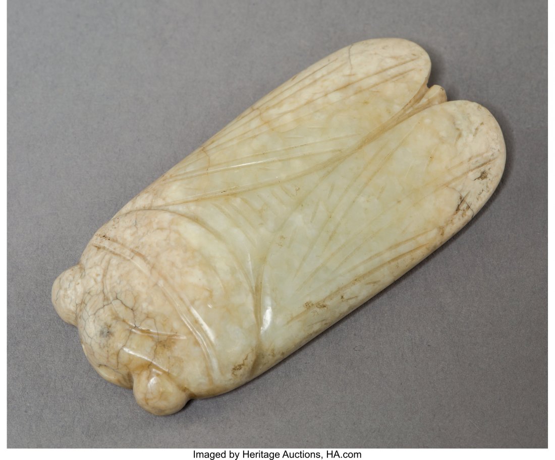 A Chinese Jade Cicada Figure, Ming Dynasty or ea: A Chinese Jade Cicada Figure, Ming Dynasty or earlier 2-1/4 x 1-1/4 inches (5.7 x 3.2 cm)