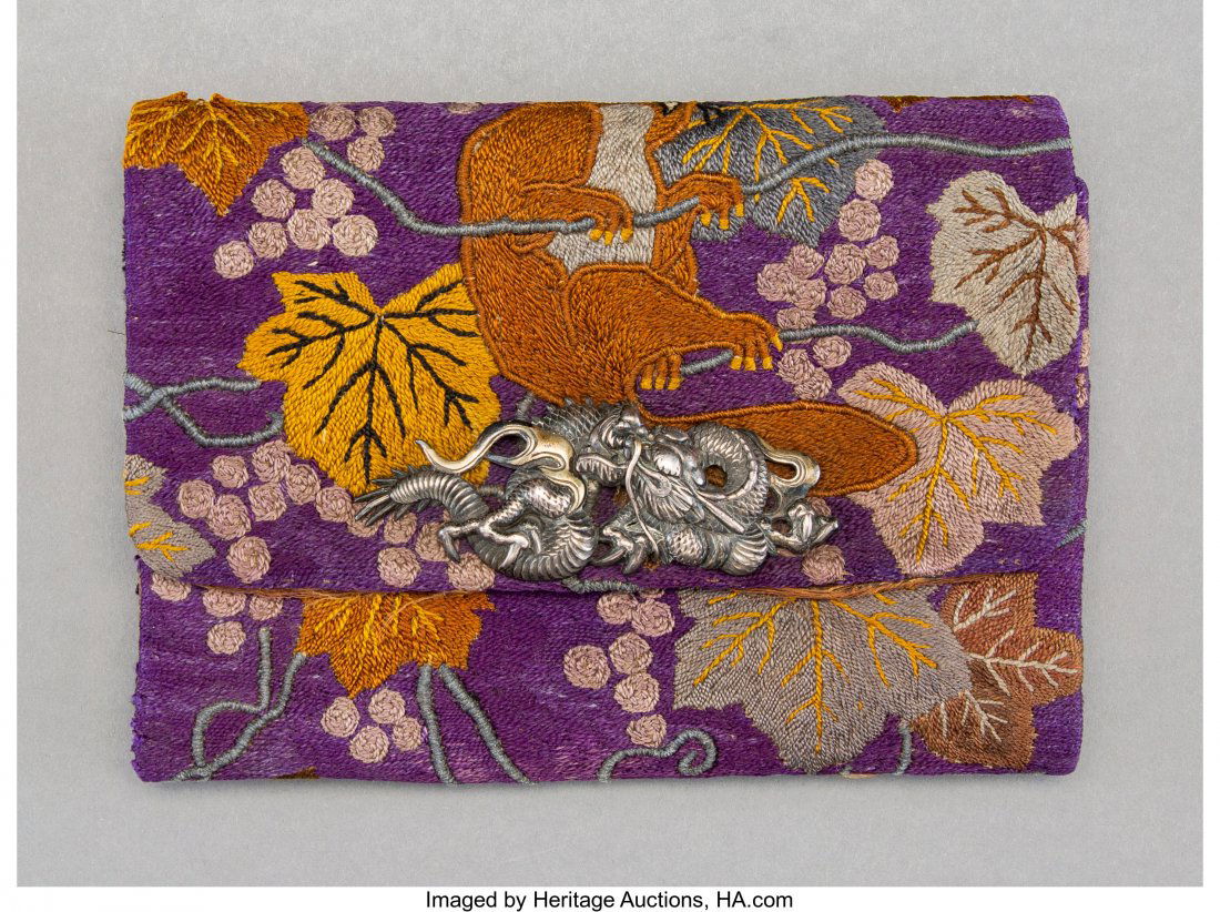 A Japanese Silver and Embroidered Silk Brocade P: A Japanese Silver and Embroidered Silk Brocade PouchMarks: (artist's cipher on clasp rever