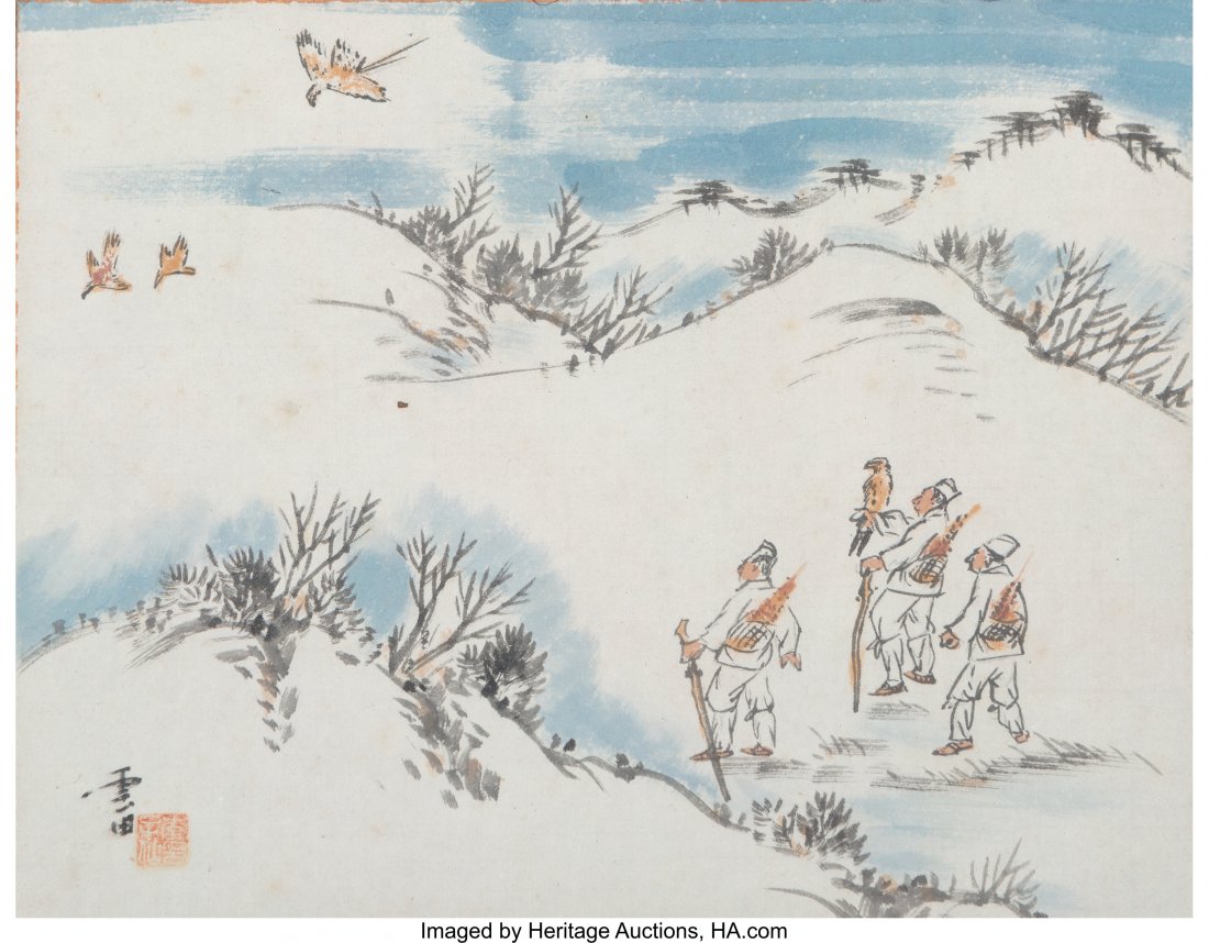 Korean School Three Falconers, Early 20th Centur: Korean School Three Falconers, Early 20th Century Ink and Color on Paper 9
