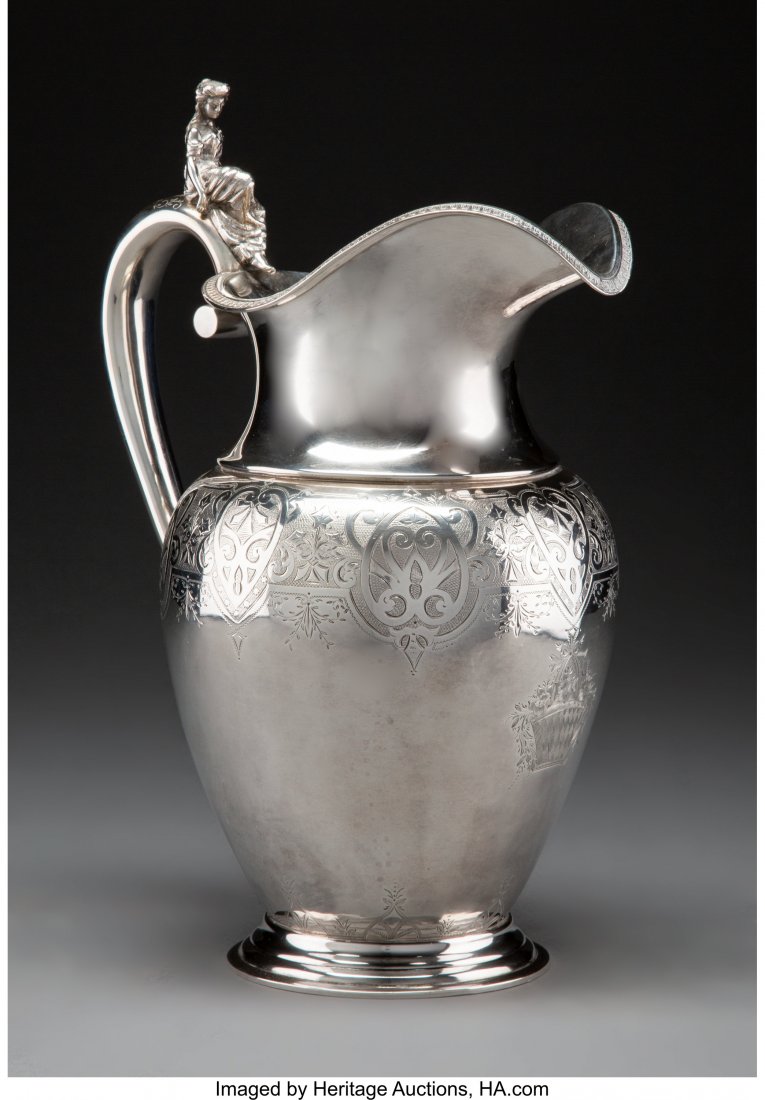 A John Cook Neoclassical Coin Silver Pitcher wit: A John Cook Neoclassical Coin Silver Pitcher with Figural Handle, New York, circa 1860Marks: JC