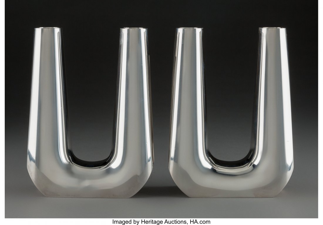 A Pair of Søren Georg Jensen Silver Two-L: A Pair of Søren Georg Jensen Silver Two-Light Candelabra for Georg Jensen,& Copenhagen, post-1945M