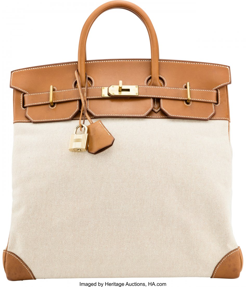 Hermès 40cm Fauve Barenia Leather & Toile: Hermès 40cm Fauve Barenia Leather & Toile HAC Bag with Gold Hardware O Square, 2011 <