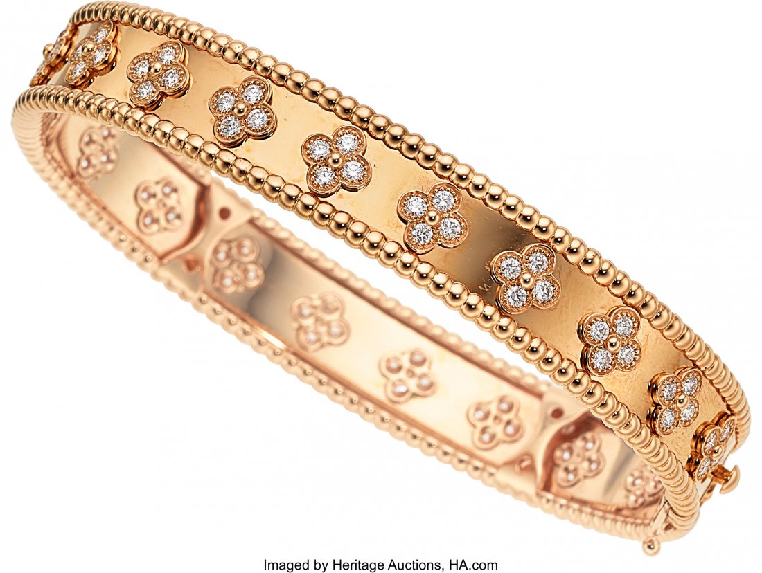 Diamond, Rose Gold Bracelet, Van Cleef & Arpels,: Diamond, Rose Gold Bracelet, Van Cleef & Arpels, French The Perlée clovers& hinged bang