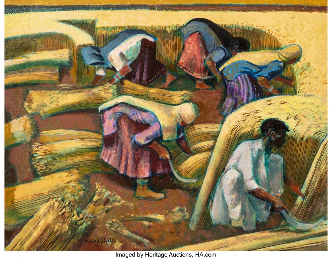 Millard Sheets (American, 1907-1989) Wheat Gathe: Millard Sheets (American, 1907-1989)Wheat Gatherers, India, 1978Oil on canv