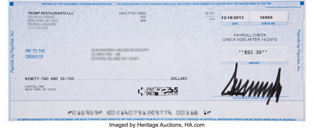 Donald Trump Check Signed. One page, 8.5" x 3.5" (1 of 2)