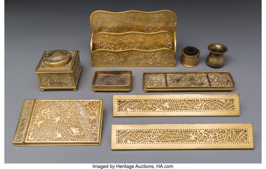 Nine-Piece Tiffany Studios Bronze and Glass Pine: <!-- Begin Description --> <div style="font-family: Arial, Verdana, Helvetica; font-size: 12pt; margin: 10px 25px 10px 25px;"> <B>Nine-Piece Tiffany Studios Bronze and Glass&nbsp