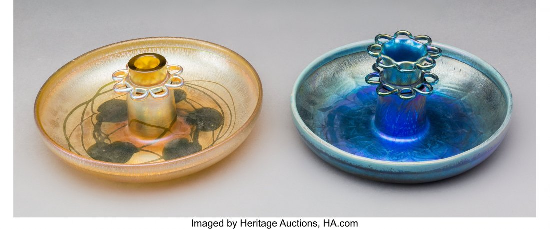 Two Tiffany Studios Favrile Glass Center Bowls w: <!-- Begin Description --> <div style="font-family: Arial, Verdana, Helvetica; font-size: 12pt; margin: 10px 25px 10px 25px;"> <B>Two Tiffany Studios Favrile Glass Center Bowls with 