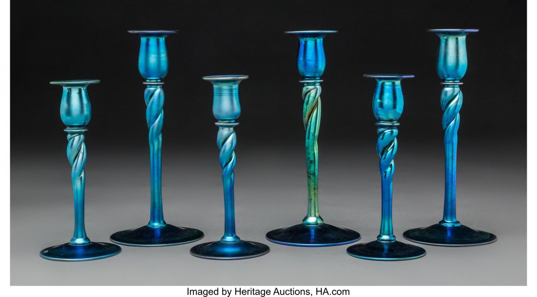 Six Steuben Blue Aurene Glass Candlesticks 1903-: <!-- Begin Description --> <div style="font-family: Arial, Verdana, Helvetica; font-size: 12pt; margin: 10px 25px 10px 25px;"> <B>Six Steuben Blue Aurene Glass Candlesticks</B>