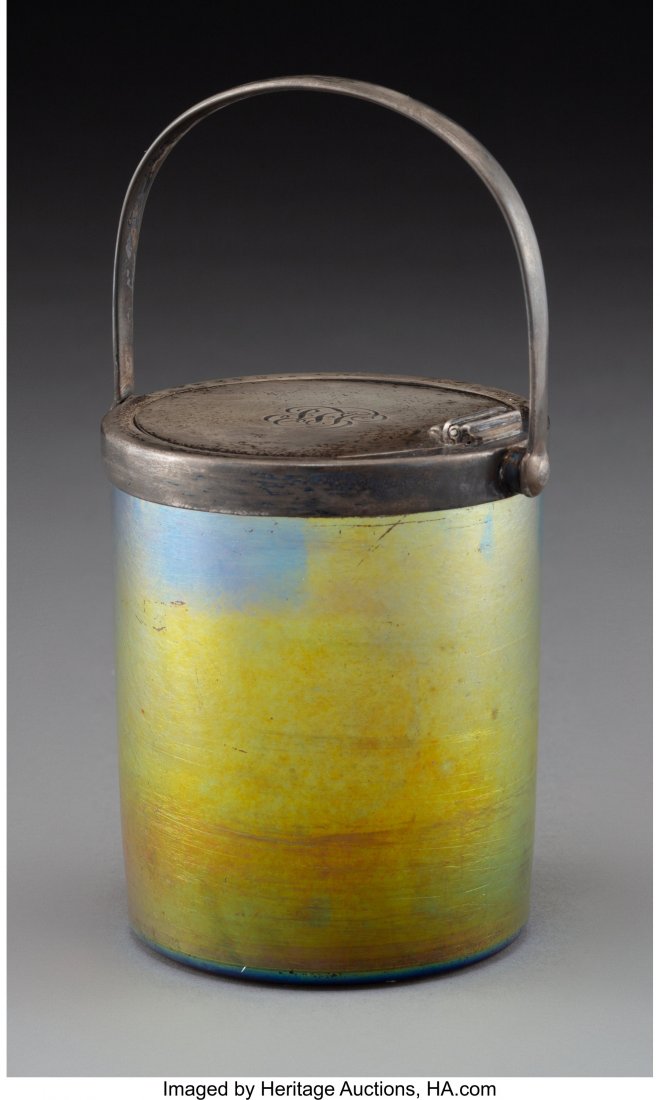 Tiffany Studios Favrile Glass and Silver Jam Jar: <!-- Begin Description --> <div style="font-family: Arial, Verdana, Helvetica; font-size: 12pt; margin: 10px 25px 10px 25px;"> <B>Tiffany Studios Favrile Glass and Silver Jam Jar<