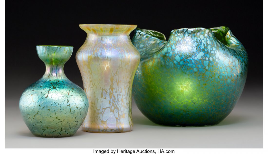 Three Loetz Glass Papillon Vases Circa 1898. Ht.: <!-- Begin Description --> <div style="font-family: Arial, Verdana, Helvetica; font-size: 12pt; margin: 10px 25px 10px 25px;"> <B>Three Loetz Glass&nbsp;</B></I><B