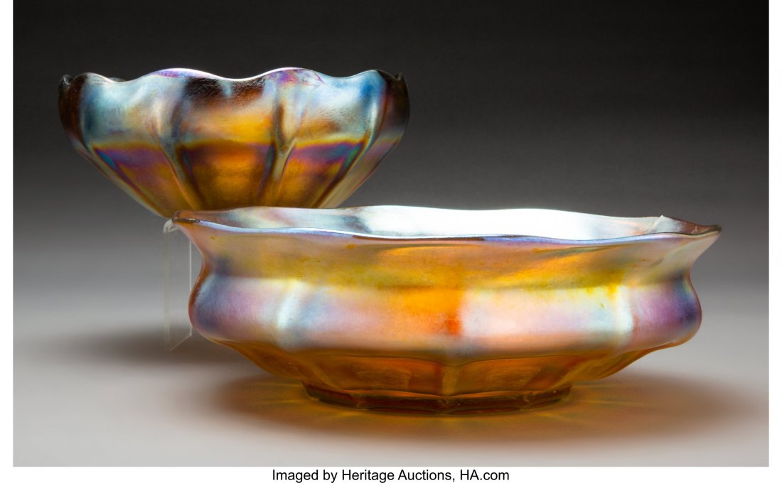 Two Tiffany Studios Gold Favrile Glass Bowls Cir: <!-- Begin Description --> <div style="font-family: Arial, Verdana, Helvetica; font-size: 12pt; margin: 10px 25px 10px 25px;"> <B>Two Tiffany Studios Gold Favrile Glass Bowls</B&g