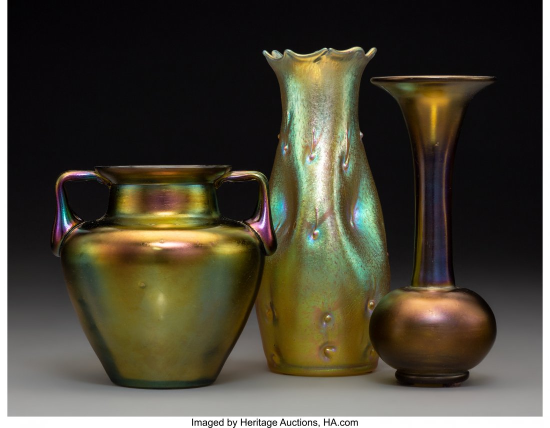 Three Loetz Glass Vases Circa 1900. Ht. 7-1/2 in: <!-- Begin Description --> <div style="font-family: Arial, Verdana, Helvetica; font-size: 12pt; margin: 10px 25px 10px 25px;"> <B>Three Loetz Glass Vases</B></I><BR>
