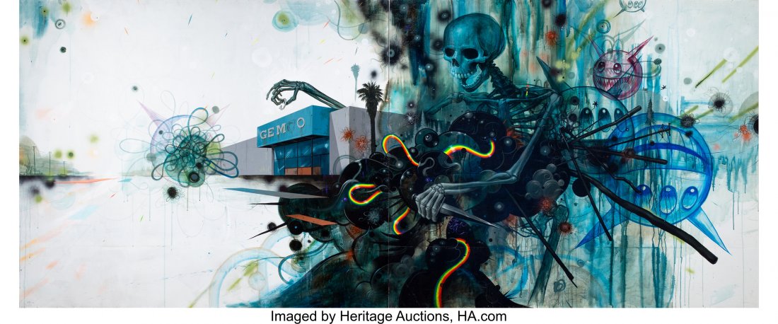 Jeff Soto (b. 1975) The Corruption of Mankind, 2: Jeff Soto (b. 1975) The Corruption of Mankind, 2008 Acrylic on wood panel 60 x 144 inches (152.4 x 365.8 cm) Signed and dated lower left: Soto 2008 PROVENANCE: Greg Escalante, California; Private coll