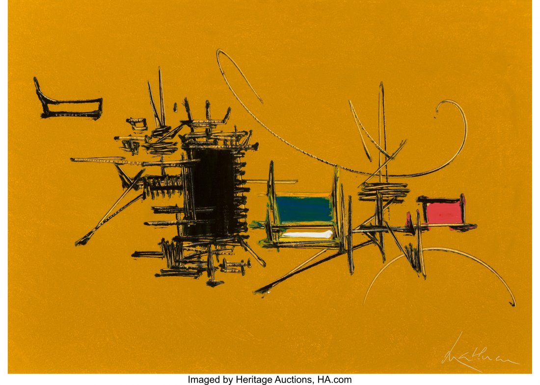 Georges Mathieu (1921-2012) Chabris, 1969 Oil on: Georges Mathieu (1921-2012) Chabris, 1969 Oil on canvas 19 x 28-1/4 inches (48.3 x 71.8 cm) Signed lower right: Mathieu Titled and dated on the stretcher: Chabris 1969 PROVENANCE: Dominion Gallery, Mo