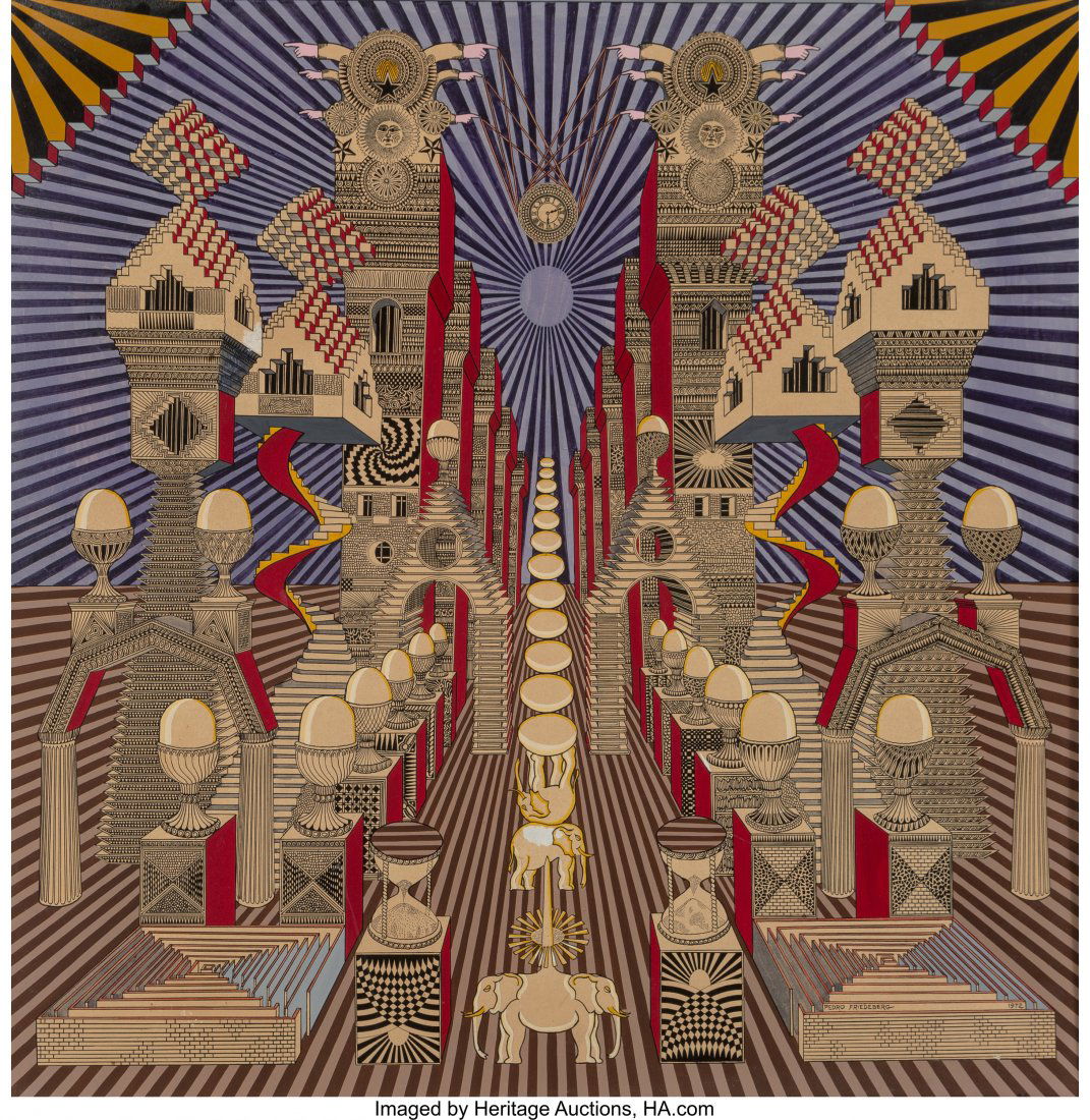 Pedro Friedeberg (b. 1937) La Vida Sexual de Isa: Pedro Friedeberg (b. 1937) La Vida Sexual de Isabel la Católica, 1972 Ink and acrylic on board 25-1/4 x 25-1/4 inches (64.1 x 64.1 cm) Signed and dated lower right: Pedro Friedeberg 1972 Titled in a