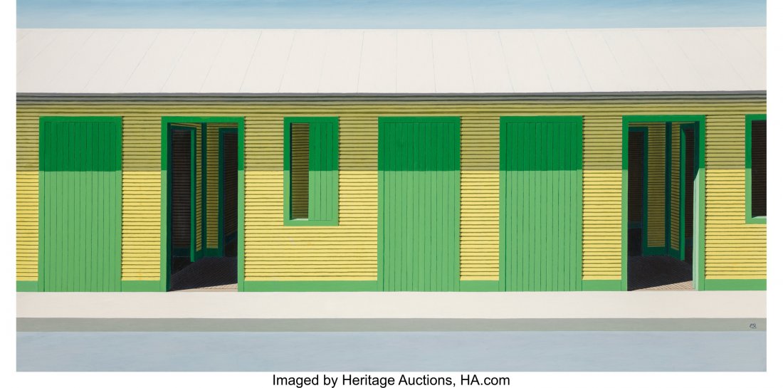 Emilio Sánchez (1921-1999) Long Yellow Ho: Emilio Sánchez (1921-1999) Long Yellow House Oil on canvas 48-1/2 x 95 inches (123.2 x 241.3 cm) Initialed lower right: ES Titled on the stretcher bar: Long Yellow House PROPERTY FROM A FLORIDA ESTAT