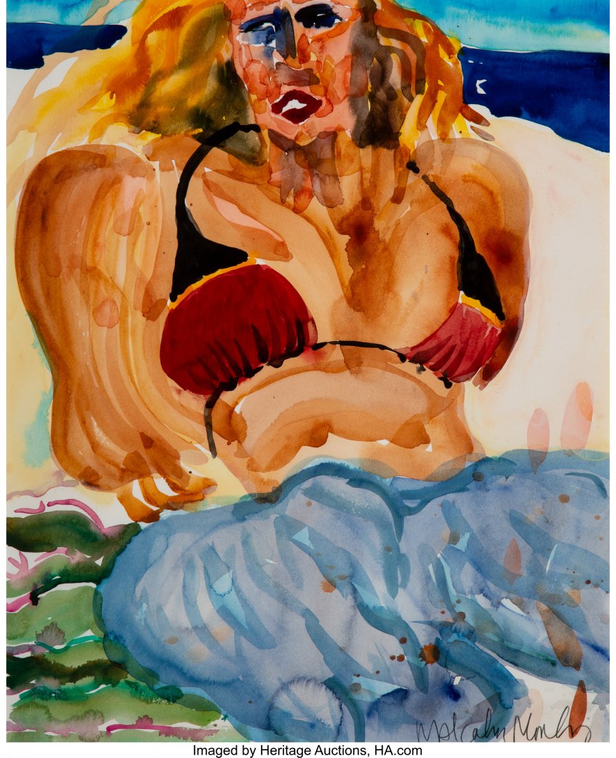 Malcolm Morley (1931-2018) Marcia on the Beach a: Malcolm Morley (1931-2018) Marcia on the Beach and Marcia in a Red Bikini (2 works), 1984 Watercolor on paper (Marcia on the Beach); Colored pencil on paper (Marcia in a Red Bikini) 18 x 14-7/8 inches