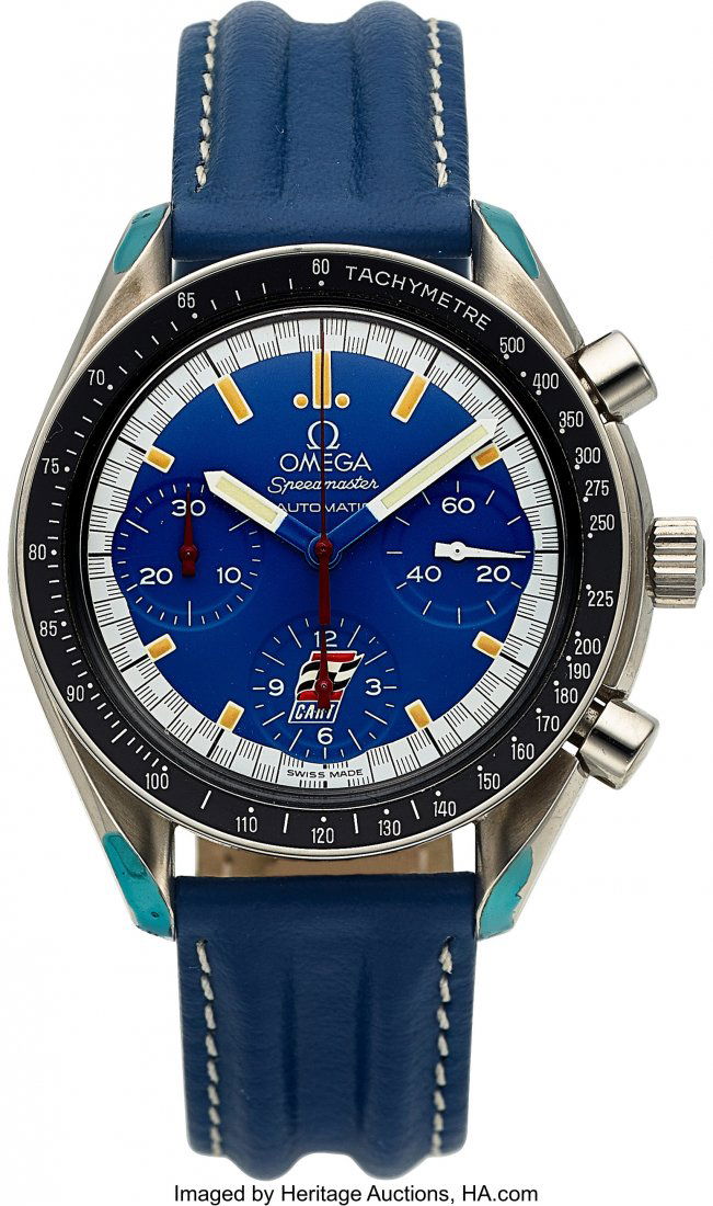 Omega, Extremely Rare Speedmaster "Cart" Edition: Omega, Extremely Rare Speedmaster "Cart" Edition, Gifted by Paul Newman and Carl Haas to Bill Mann, Full Set and Unworn, Circa 1997 Case: 39 mm, stainless steel, three body case, with snap on caseback