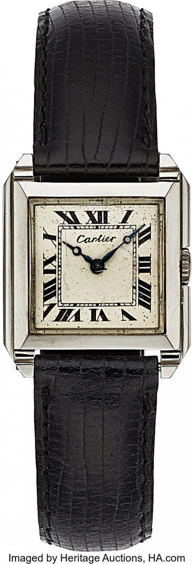 Cartier Vintage White Gold Wristwatch, European: Cartier Vintage White Gold Wristwatch, European Watch & Clock Co., circa 1920's Case: 30 mm x 25 mm, 18k white gold, ref. 4151 on the case back, No. 420477 also on the case back, two body, snap ba