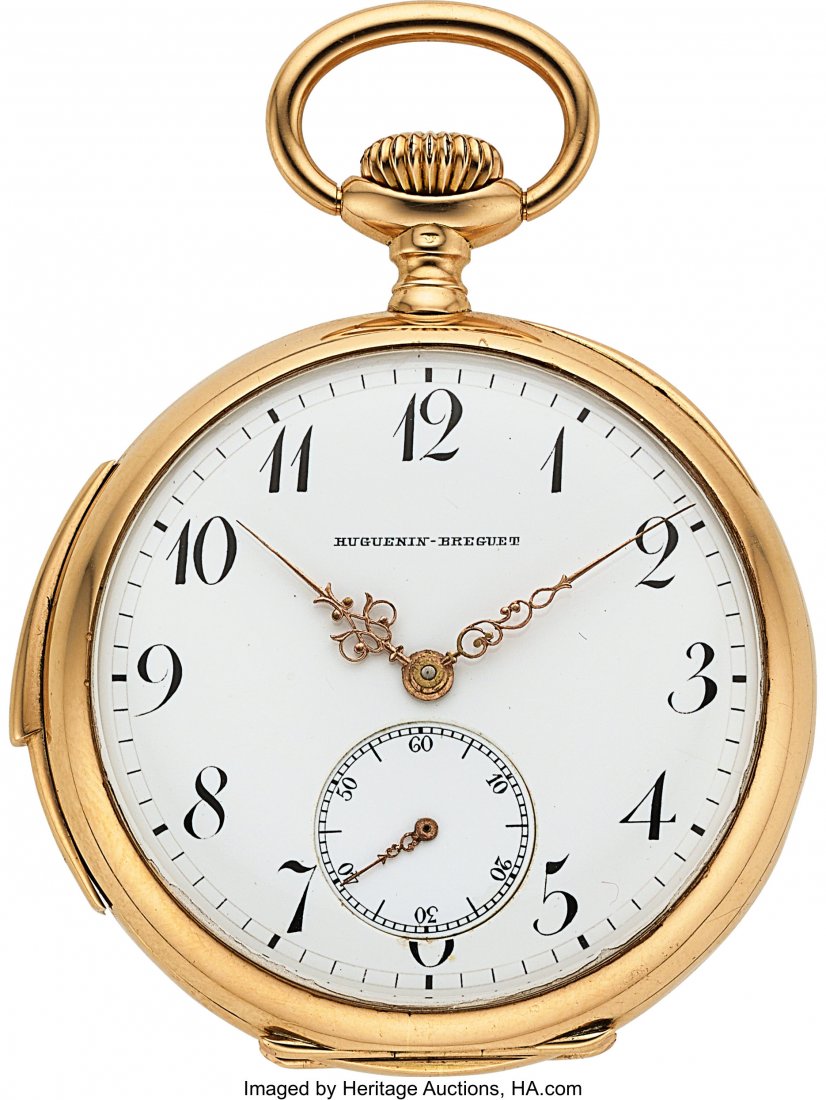Huguenin-Breguet, 14k Gold Minute Repeater, circ: Huguenin-Breguet, 14k Gold Minute Repeater, circa 1910 Case: 14k yellow gold, four body, 47 mm, plain polished, gold cuvette Dial: white enamel, black Arabic numerals, gold Louis XV hands, subsidiary