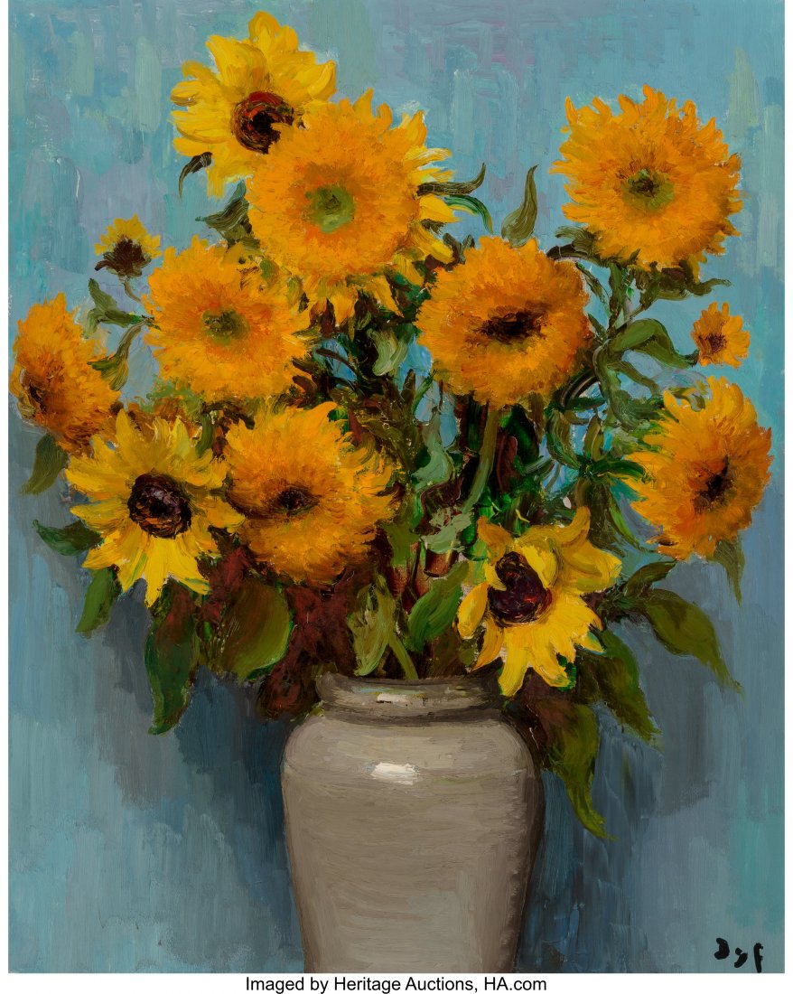 Marcel Dyf (French, 1899-1985) Tournesols au pot: Marcel Dyf (French, 1899-1985) Tournesols au pot Vincent (Sunflowers in a Vincent vase), 1971 Oil on canvas 36 x 28-3/4 inches (91.4 x 73.0 cm) Signed lower right: Dyf PROVENANCE: Frost & Reed, Lo