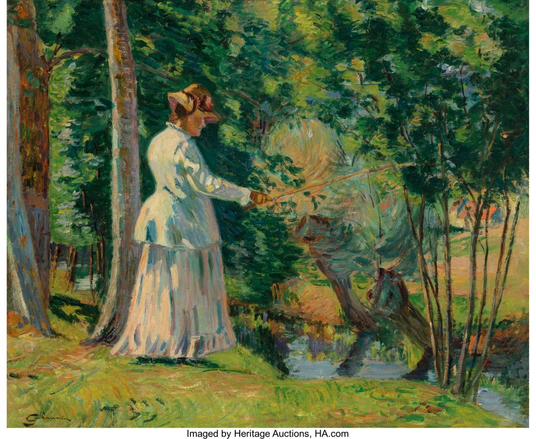 Armand Guillaumin (French, 1841-1927) Madame Gui: Armand Guillaumin (French, 1841-1927) Madame Guillaumin pêchant, circa 1894 Oil on canvas 19-3/4 x 24 inches (50.2 x 61.0 cm) Signed lower left: Guillaumin PROVENANCE: Marcel Bernheim, Paris; Ka