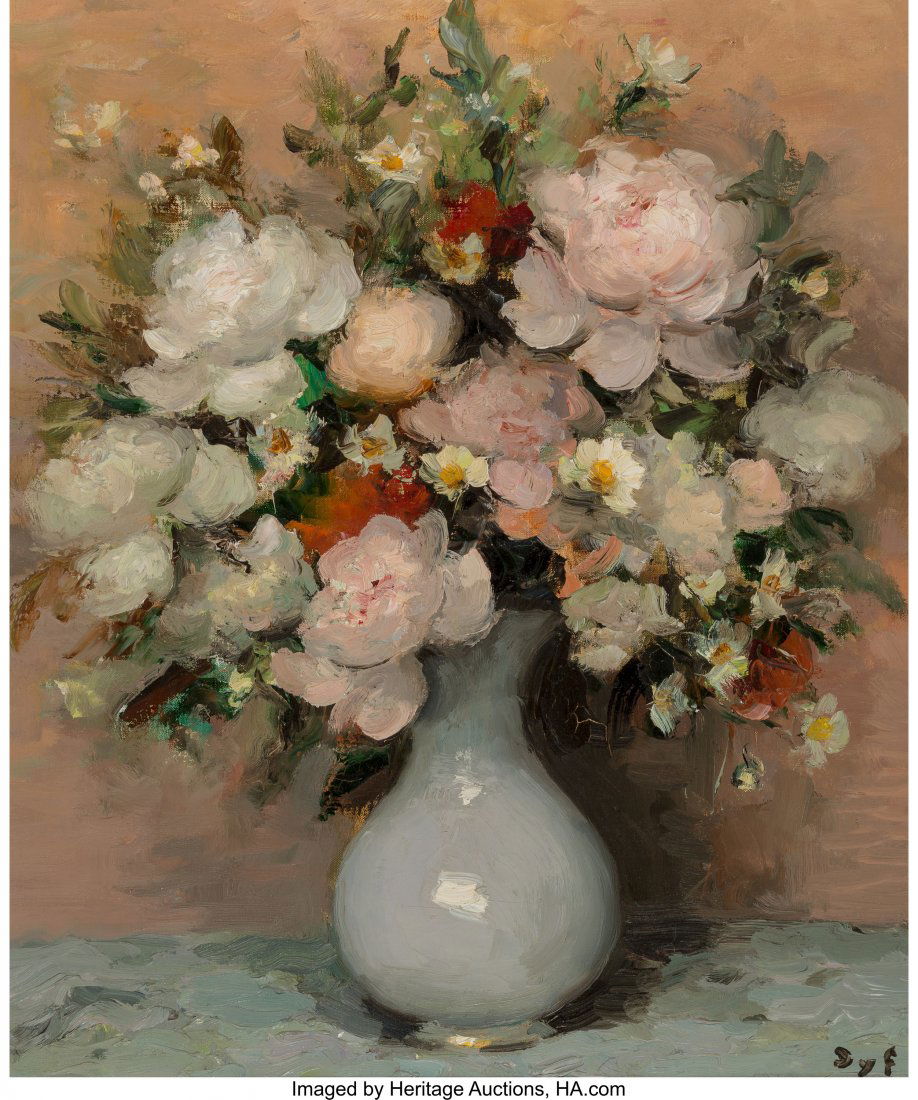Marcel Dyf (French, 1899-1985) Pivoines et anth&: Marcel Dyf (French, 1899-1985) Pivoines et anthémys au vase d'opaline (Peonies and anthemis in a milk glass vase), 1967 Oil on canvas 21-3/4 x 18 inches (55.2 x 45.7 cm) Signed lower right: Dyf