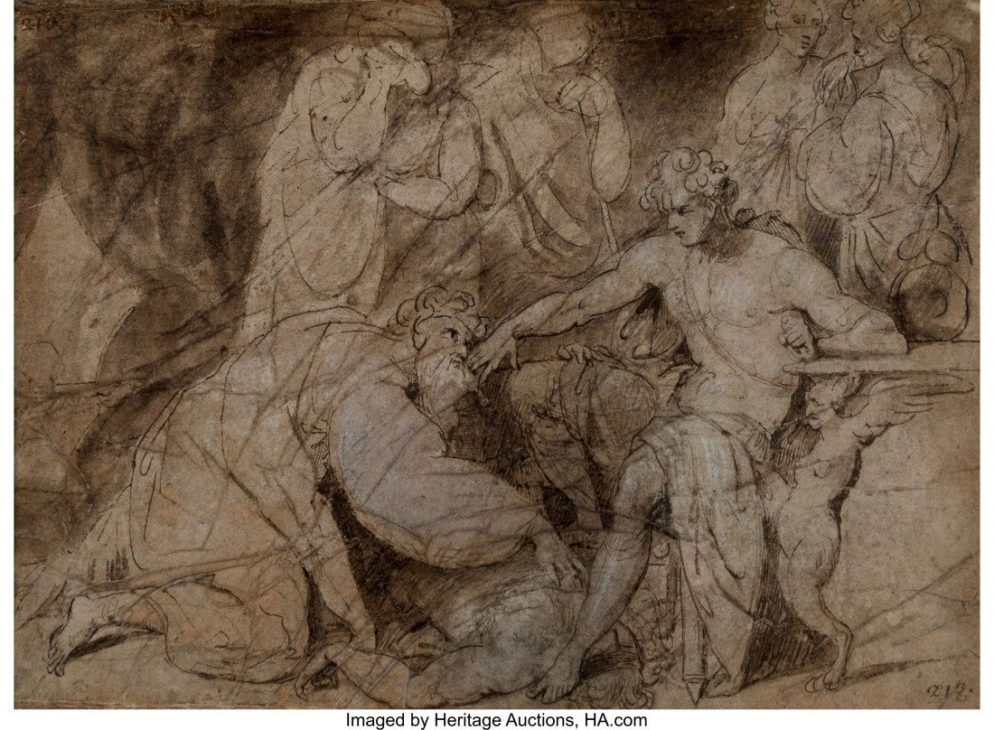 Attributed to Gavin Hamilton (British, 1723-1798: Attributed to Gavin Hamilton (British, 1723-1798) Priam pleading with Achilles for the body of Hector Brown ink and washes, slight white heightening, and graphite on tracing paper mounted to heavyweig