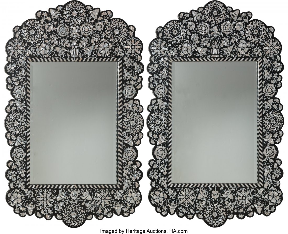 A Pair of Moorish-Style Mother-of-Pearl Inlay an: A Pair of Moorish-Style Mother-of-Pearl Inlay and Ebonized Wood Mirrors, late 19th-early 20th century 60 x 38-1/4 inches (152.4 x 97.2 cm) (largest) HID03101242017