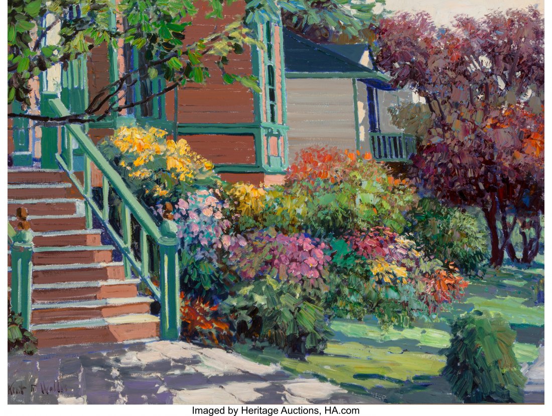 Kent R. Wallis (American, b. 1945) Neighborhood: Kent R. Wallis (American, b. 1945) Neighborhood Ablaze Oil on canvas 30 x 40 inches (76.2 x 101.6 cm) Signed lower left: Kent R. Wallis HID03101242017