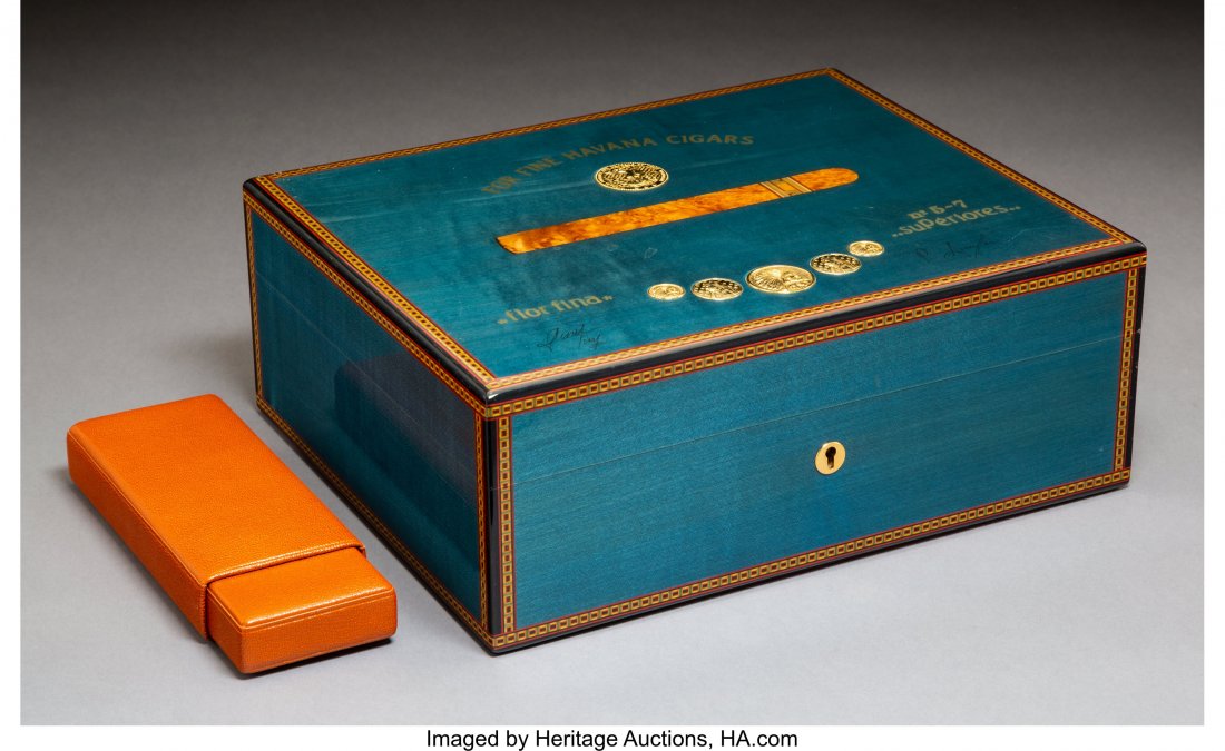 An Elie Bleu Blue Medal Sycamore Humidor with Ce: An Elie Bleu Blue Medal Sycamore Humidor with Cedar and Shagreen Travel Case in Original Fitted Boxes, Paris, late 20th century Marks: ELIE BLEU, PARIS, TABLETIER 4-3/4 x 12 x 9-3/4 inches (12.1 x 30.