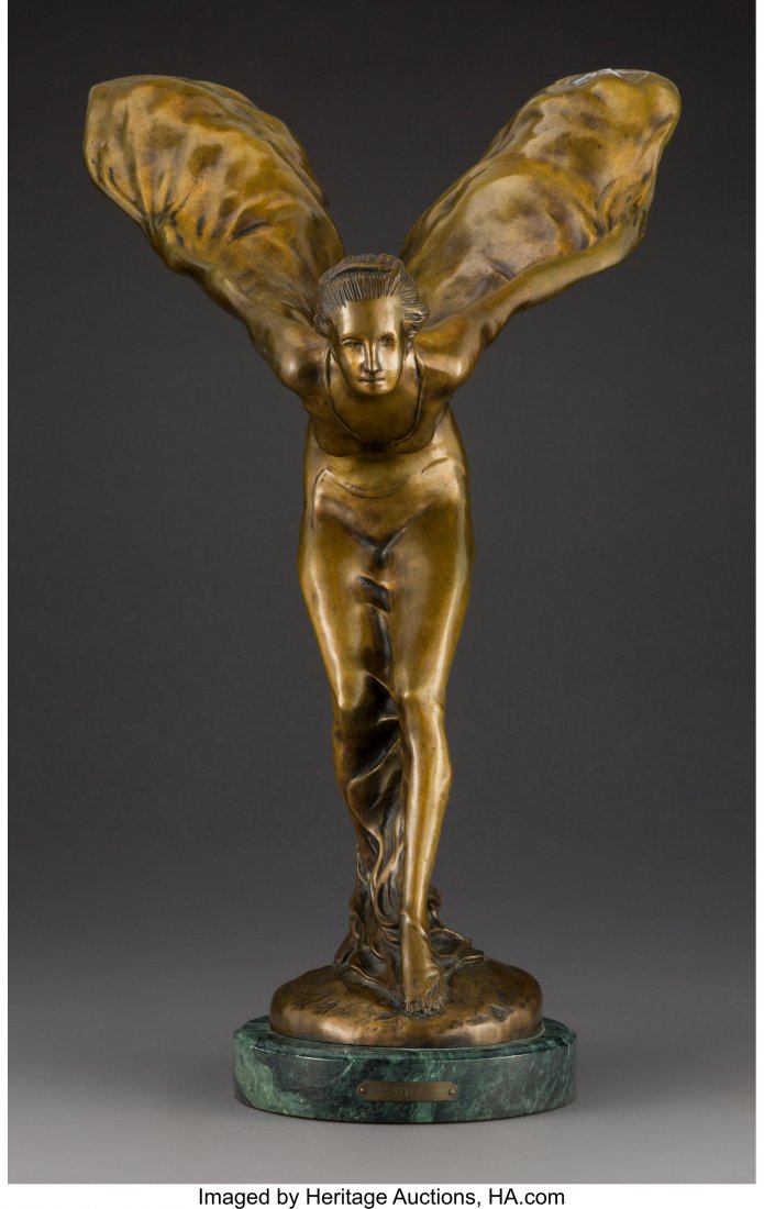 After Charles Robinson Sykes (British, 1875-1950: After Charles Robinson Sykes (British, 1875-1950) Spirit of Ecstasy Patinated bronze on marble base 22-1/8 x 13-1/2 x 14 inches (56.2 x 34.3 x 35.6 cm) Inscribed: Charles Sykes, 2/25 Plate to base: SY