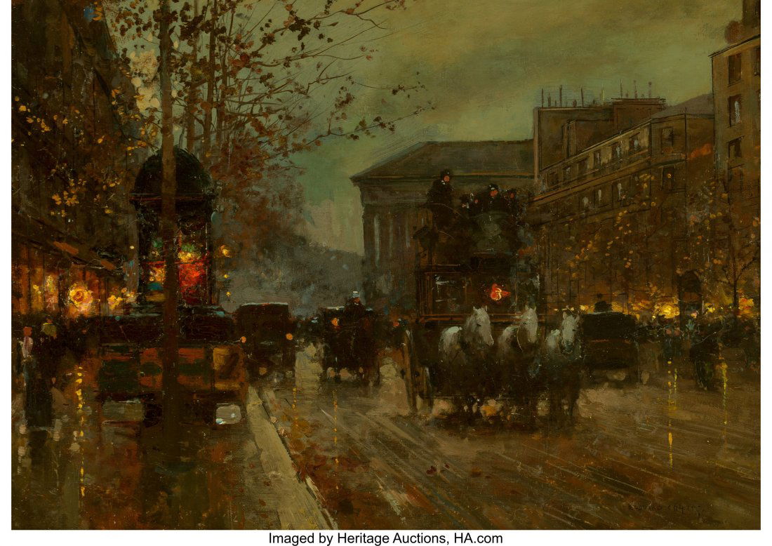 Edouard-LÃ©on CortÃ¨s (French, 1882-: Edouard-Léon Cortès (French, 1882-1969) Boulevard de la Madeleine le soir, circa 1915 Oil on canvas 13 x 18 inches (33.0 x 45.7 cm) Signed lower right: Edouard Cortès PROVENANCE: Private collection