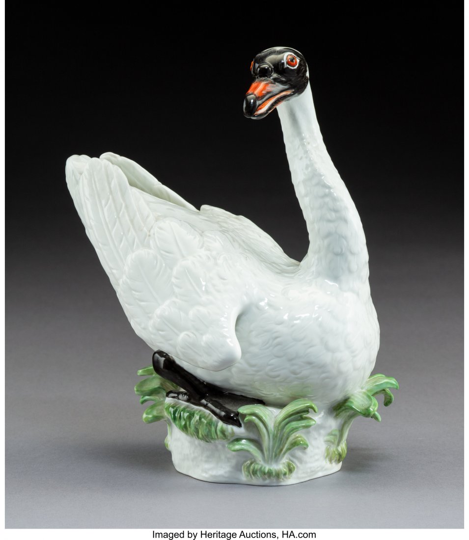 A Meissen Porcelain Swan Figure, Meissen, German: A Meissen Porcelain Swan Figure, Meissen, Germany, early 20th century Marks: (crossed swords in underglaze blue), 77149 8-1/4 x 6-3/4 x 4-1/2 inches (21.0 x 17.1 x 11.4 cm) HID03101242017