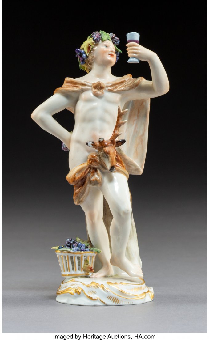 A Meissen Polychromed and Partial Gilt Porcelain: A Meissen Polychromed and Partial Gilt Porcelain Bacchus Figure, Meissen, Germany, early 20th century Marks: (crossed swords in underglaze blue), 1619, 108 5-5/8 x 2-7/8 x 2-1/4 inches (14.3 x 7.3 x 5