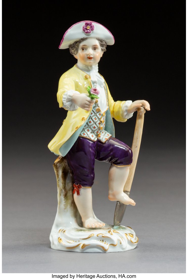 A Meissen Polychromed and Partial Gilt Porcelain: A Meissen Polychromed and Partial Gilt Porcelain Gardener Figure, Meissen, Germany, 20th century Marks: (crossed swords in underglaze blue), 52, 2, 7 5-1/4 x 2-3/4 x 2-1/2 inches (13.3 x 7.0 x 6.4 cm)