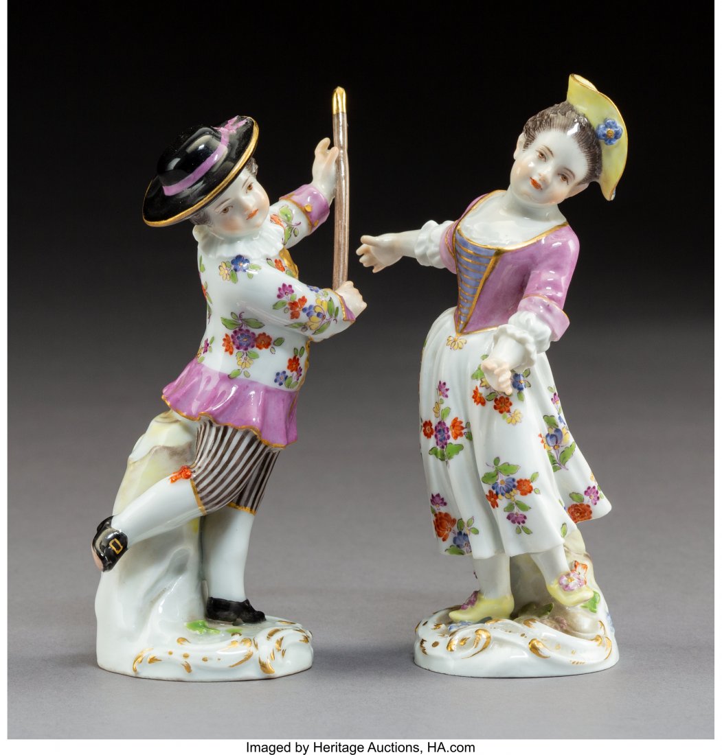 Two Meissen Polychromed and Partial Gilt Porcela: Two Meissen Polychromed and Partial Gilt Porcelain Dancing Figures, Meissen, Germany, 20th century Marks: (crossed swords in blue underglaze), (various) 4-3/4 x 3 x 2-1/8 inches (12.1 x 7.6 x 5.4 cm)