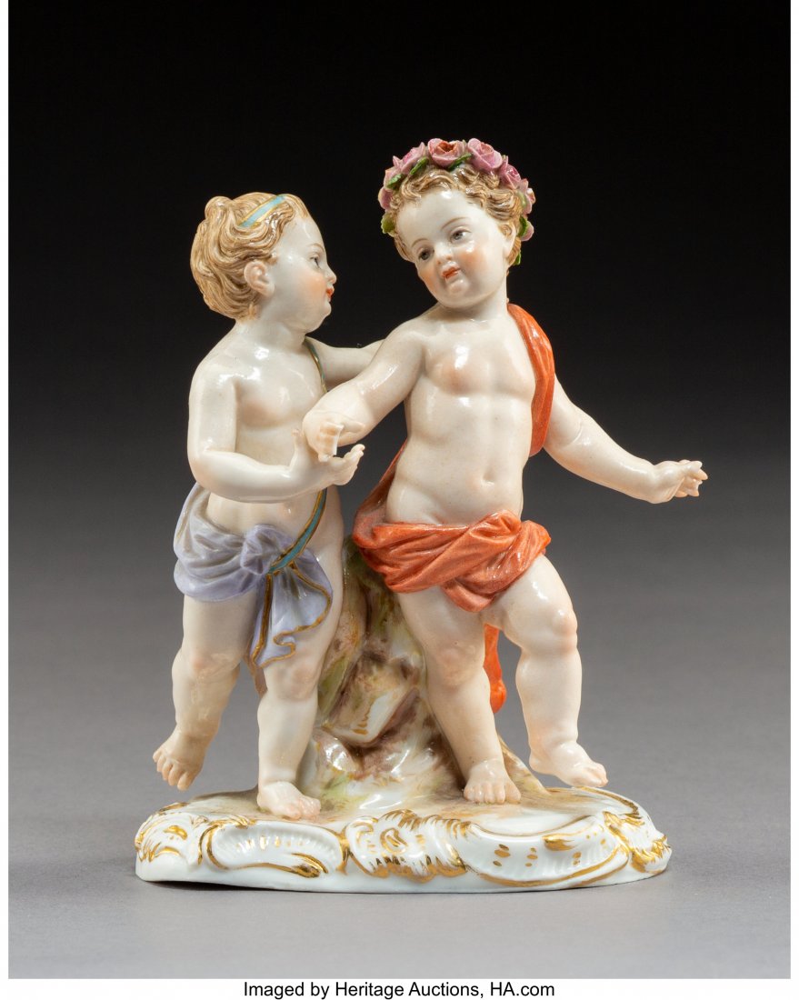 A Meissen Porcelain Girl and Boy Group, early 20: A Meissen Porcelain Girl and Boy Group, early 20th century Marks: (crossed swords in blue underglaze), 2990, 145, 20. 4-1/2 x 3-1/4 x 2 inches (11.4 x 8.3 x 5.1 cm) HID03101242017