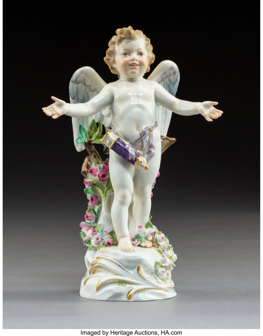 A Meissen Polychrome and Partial Gilt Porcelain: A Meissen Polychrome and Partial Gilt Porcelain Cupid Figure, Meissen, Germany, 20th century Marks: (crossed swords in underglaze blue), U148, B, 47 7-1/4 x 4-3/4 x 3-1/4 inches (18.4 x 12.1 x 8.3 cm)